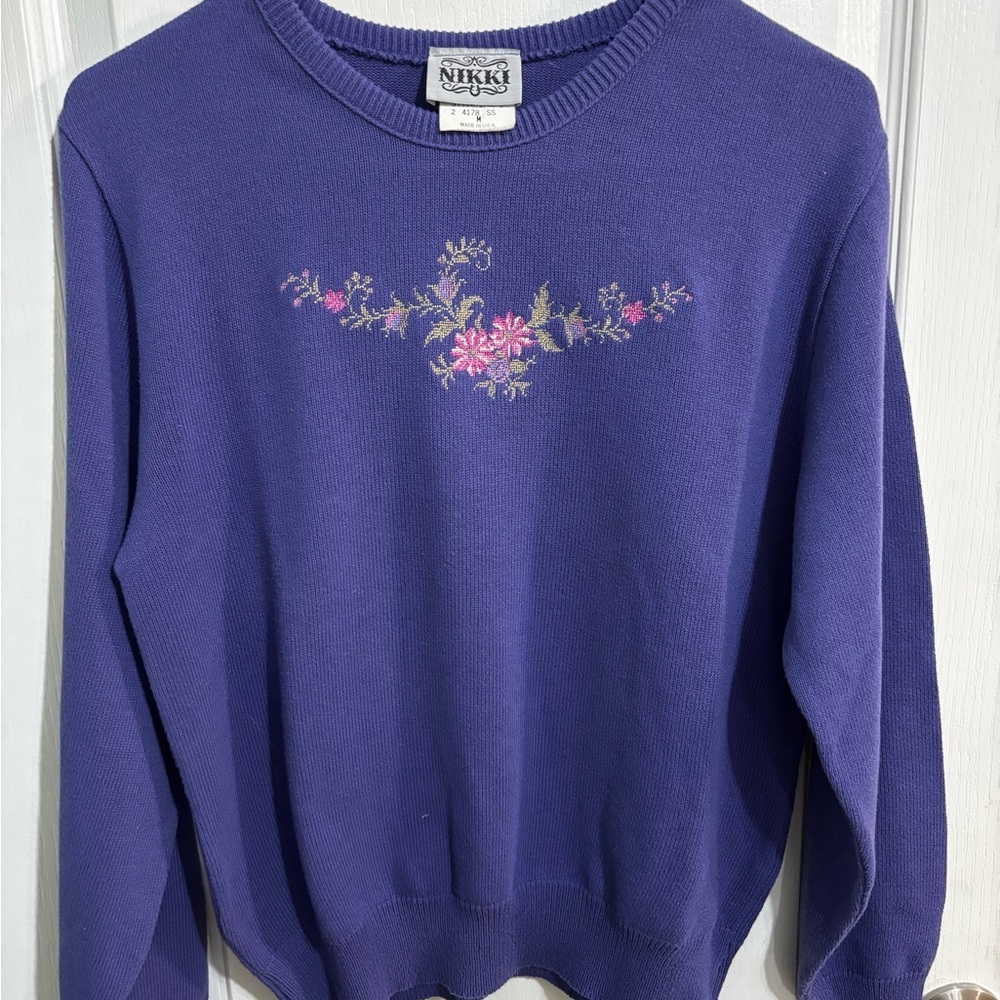 Vintage Nikki Embroidered Floral Purple Crewneck Sweater Medium
